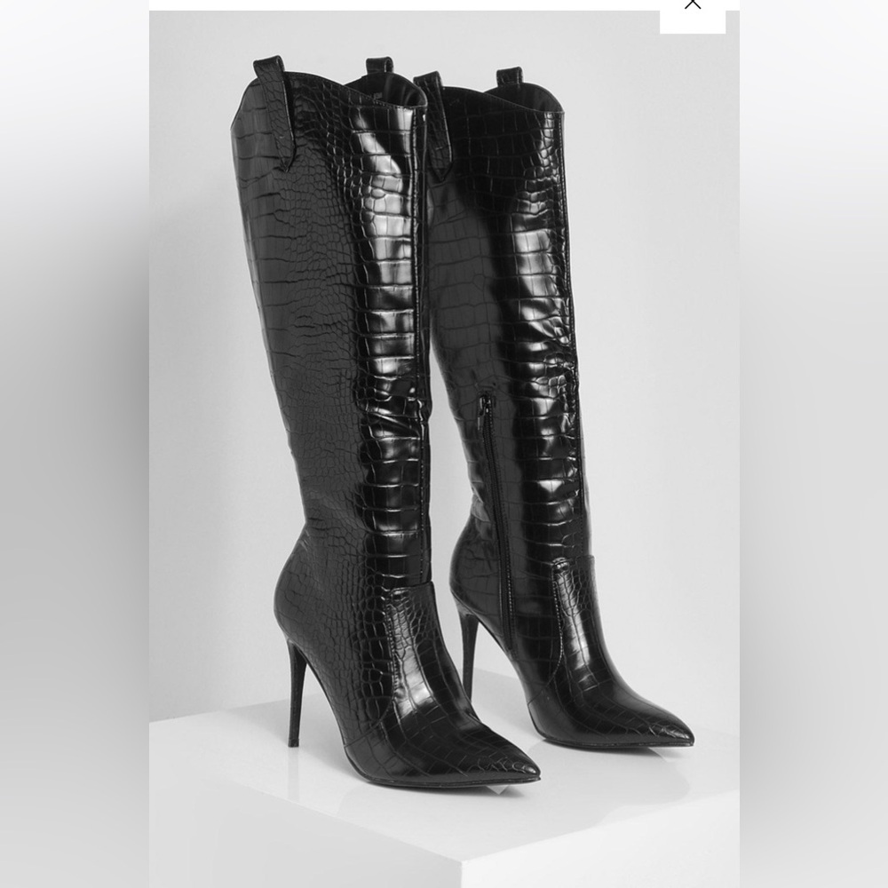 Black High-Heeled Croc-Embossed Boots